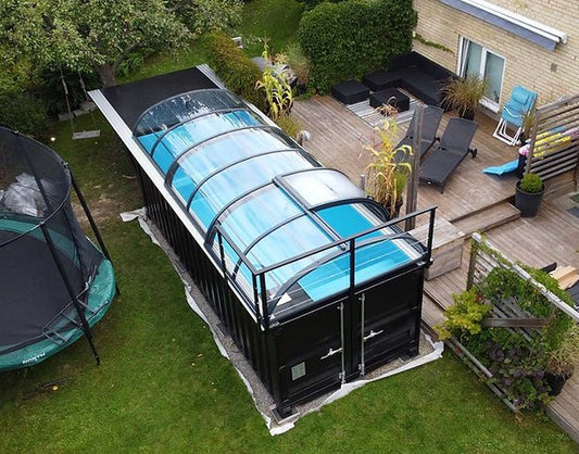 Piscina contenedor 6,11 x 2,5m lista para usar con techo, pack premium